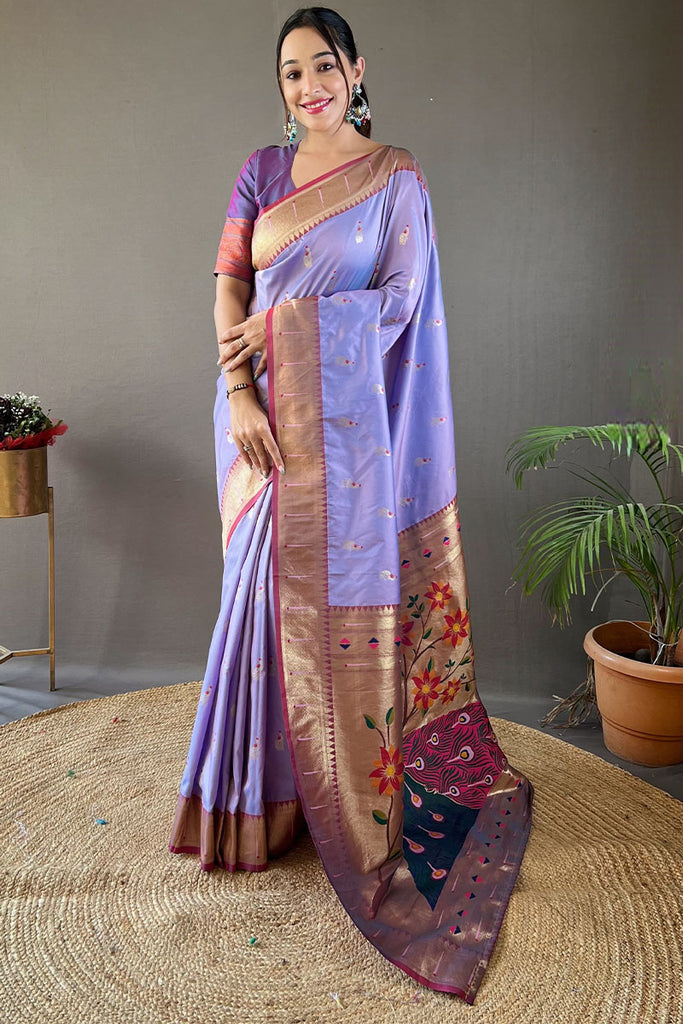 Lilac Lavender Zari Woven Paithani Silk Saree