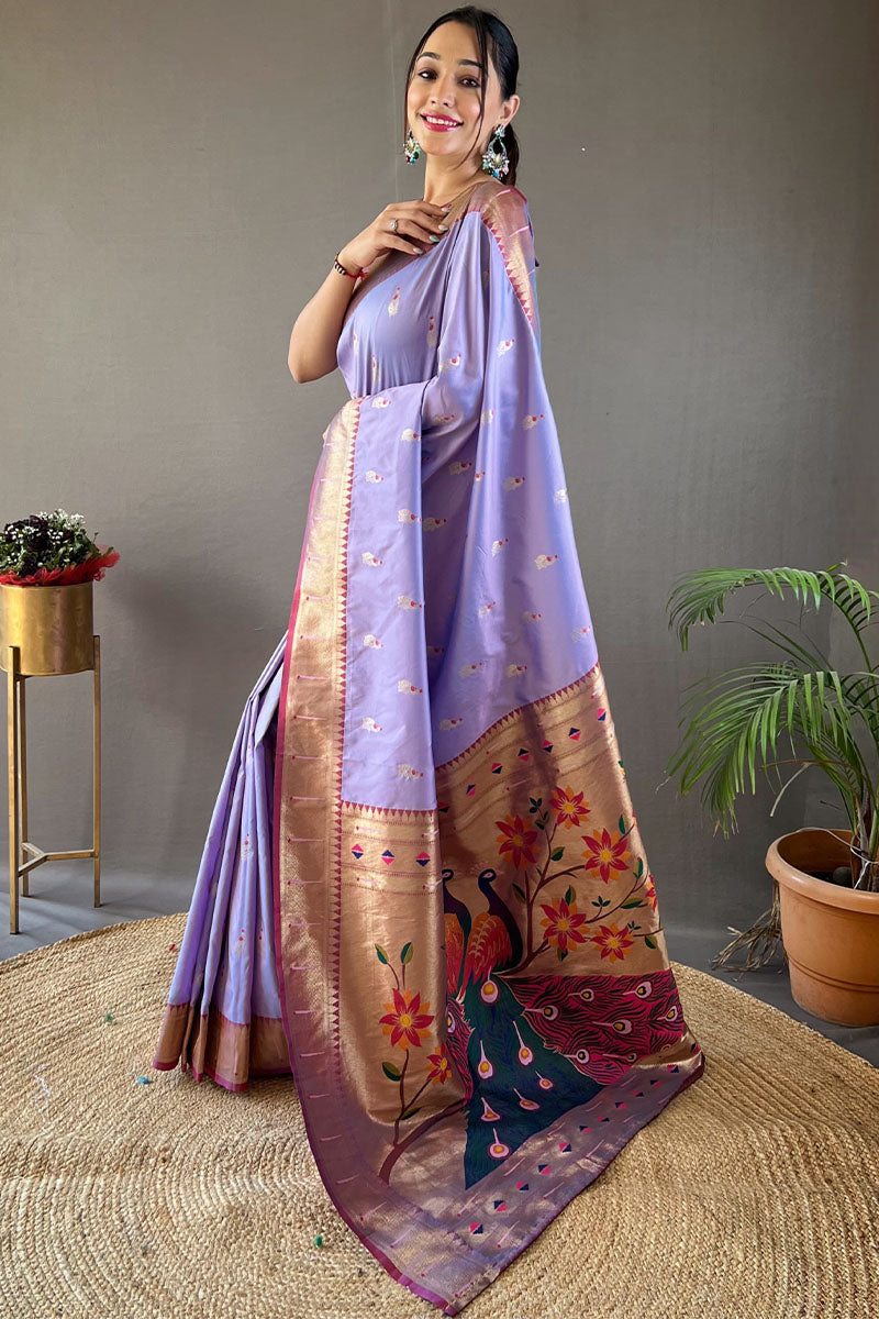 Lilac Lavender Zari Woven Paithani Silk Saree