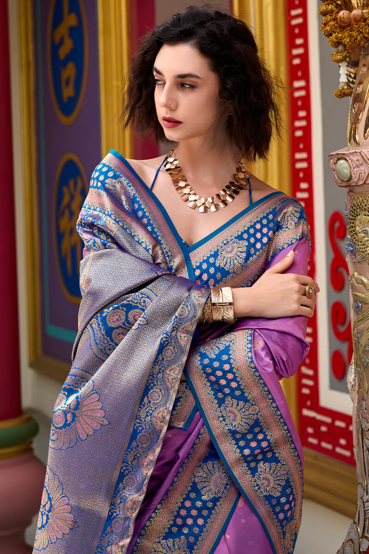 Lilac Lavender Zari Woven Soft Banarasi Silk Saree