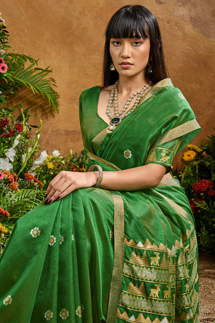 Lincoln Green Banarasi Tussar Silk Saree
