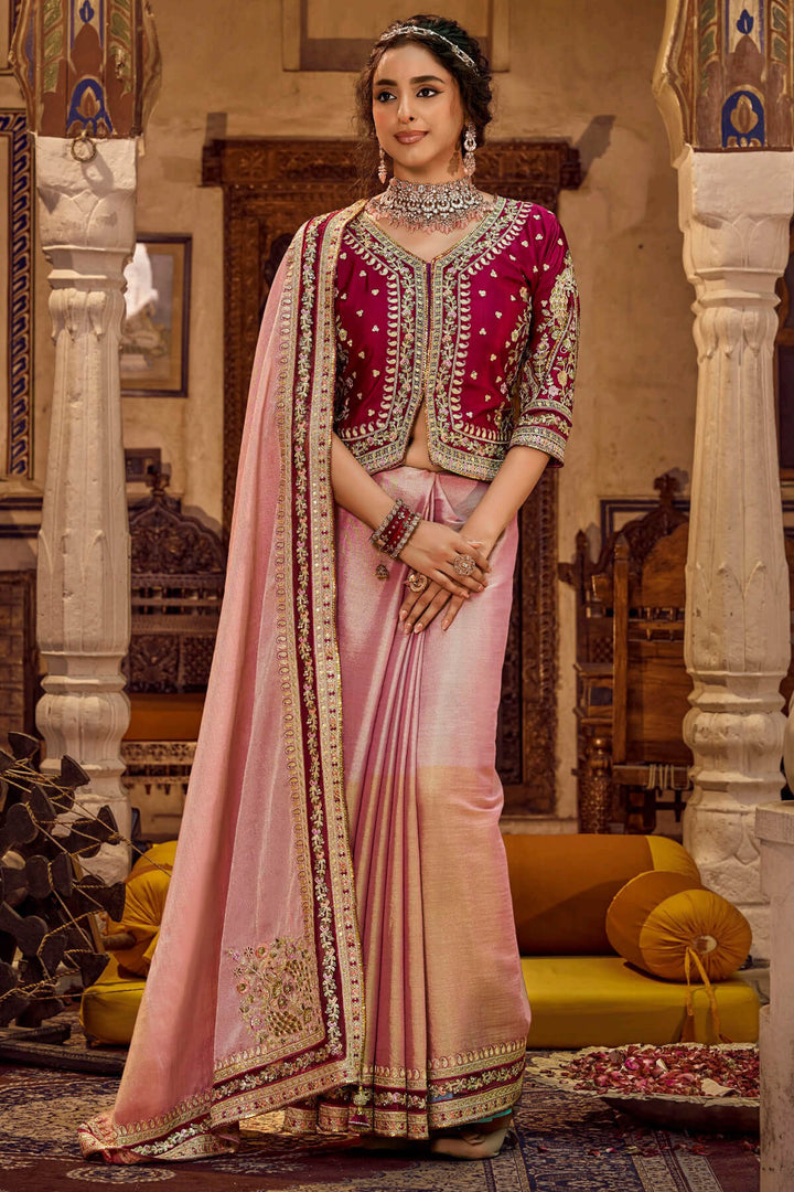 Lipstick Pink Embroidery Work Viscose Saree with Jacket Blouse