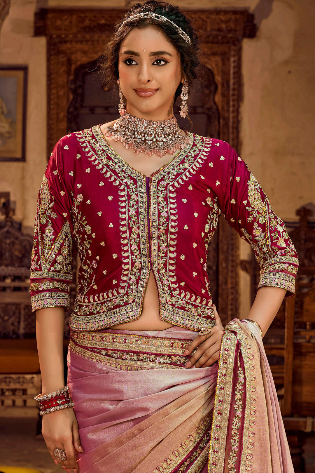 Lipstick Pink Embroidery Work Viscose Saree with Jacket Blouse