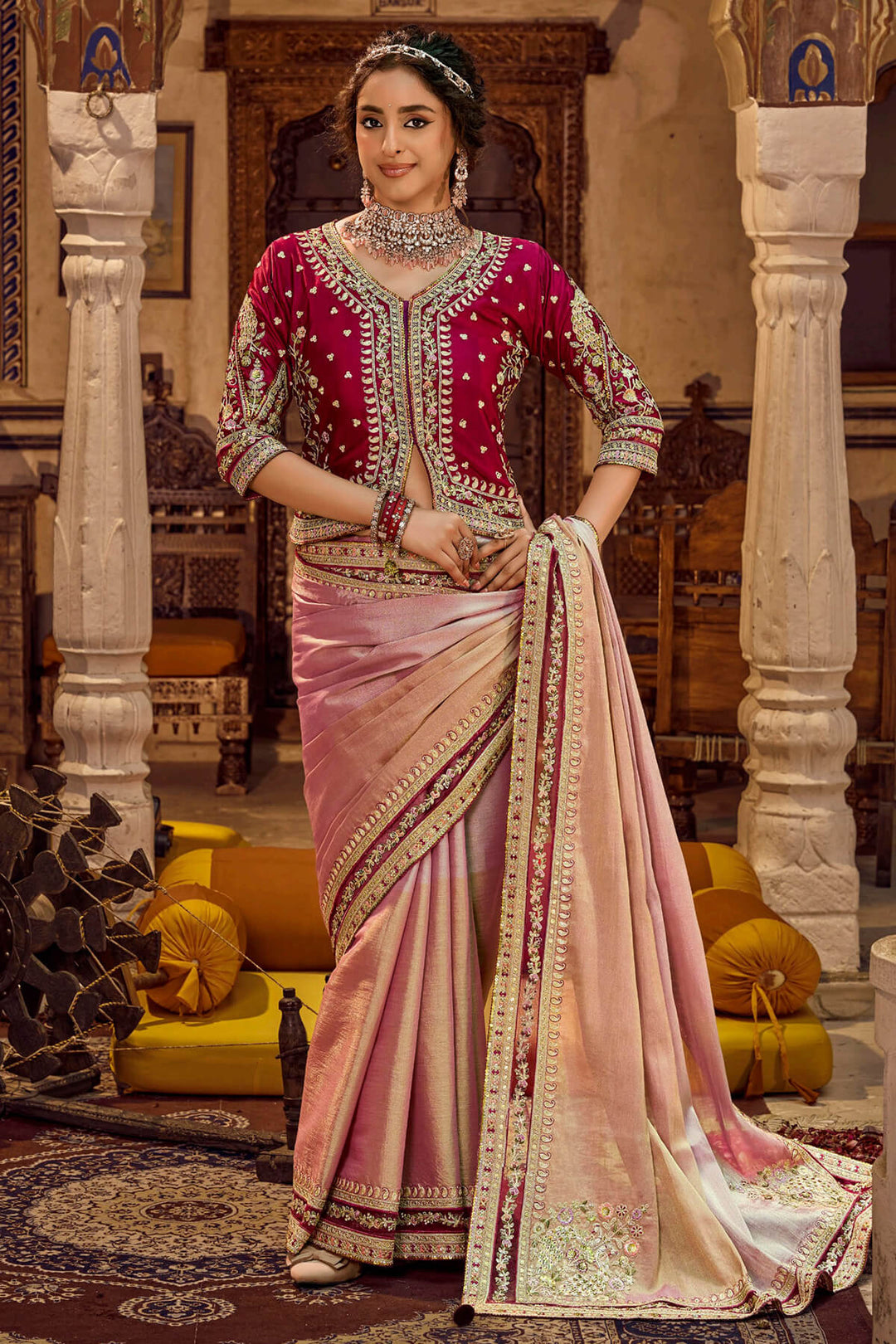Lipstick Pink Embroidery Work Viscose Saree with Jacket Blouse