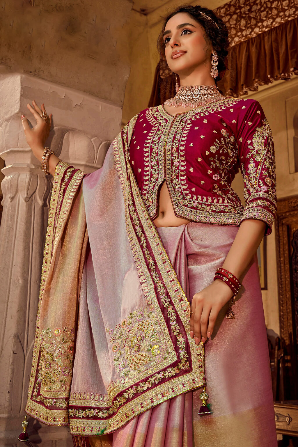 Lipstick Pink Embroidery Work Viscose Saree with Jacket Blouse