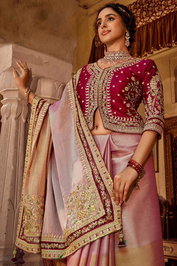 Lipstick Pink Embroidery Work Viscose Saree with Jacket Blouse