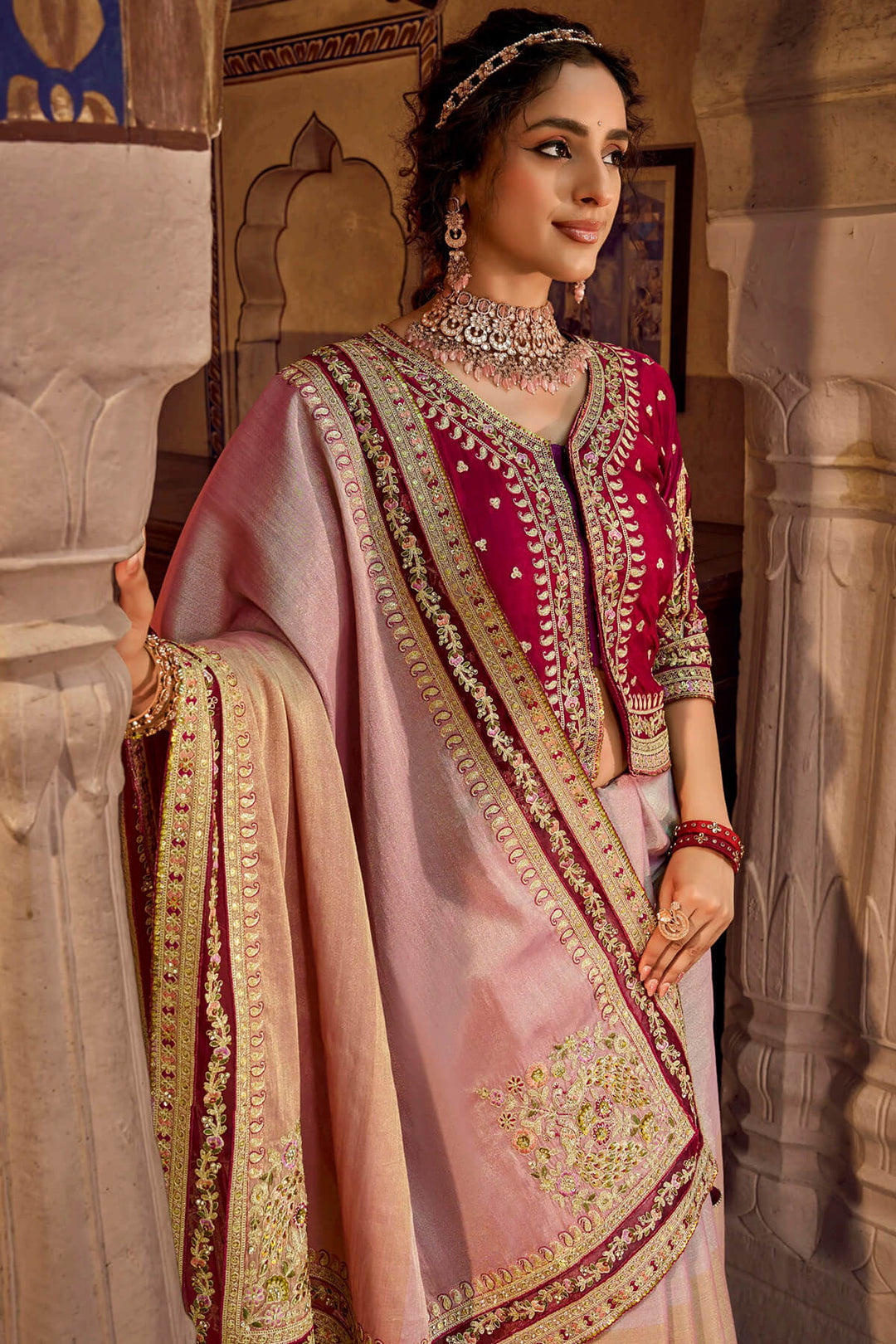 Lipstick Pink Embroidery Work Viscose Saree with Jacket Blouse