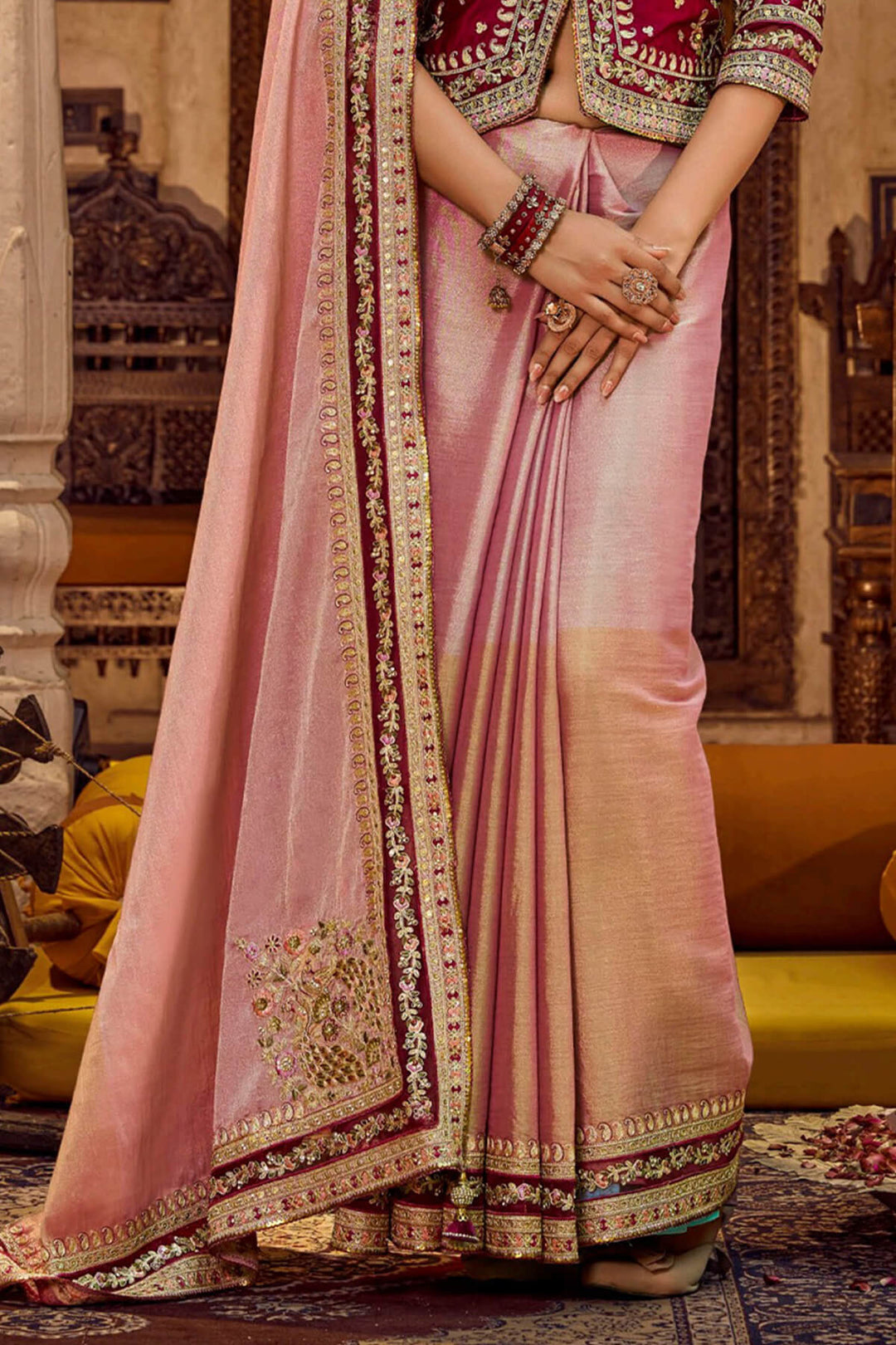 Lipstick Pink Embroidery Work Viscose Saree with Jacket Blouse