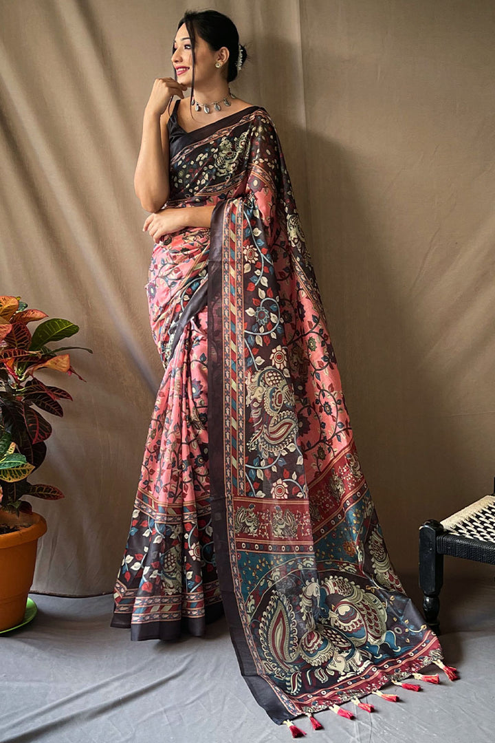 Lipstick Pink Kalamkari Printed Cotton Saree