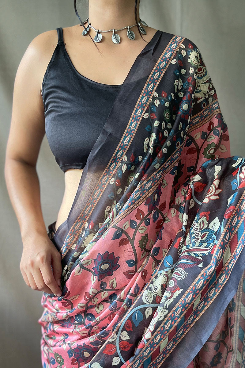 Lipstick Pink Kalamkari Printed Cotton Saree