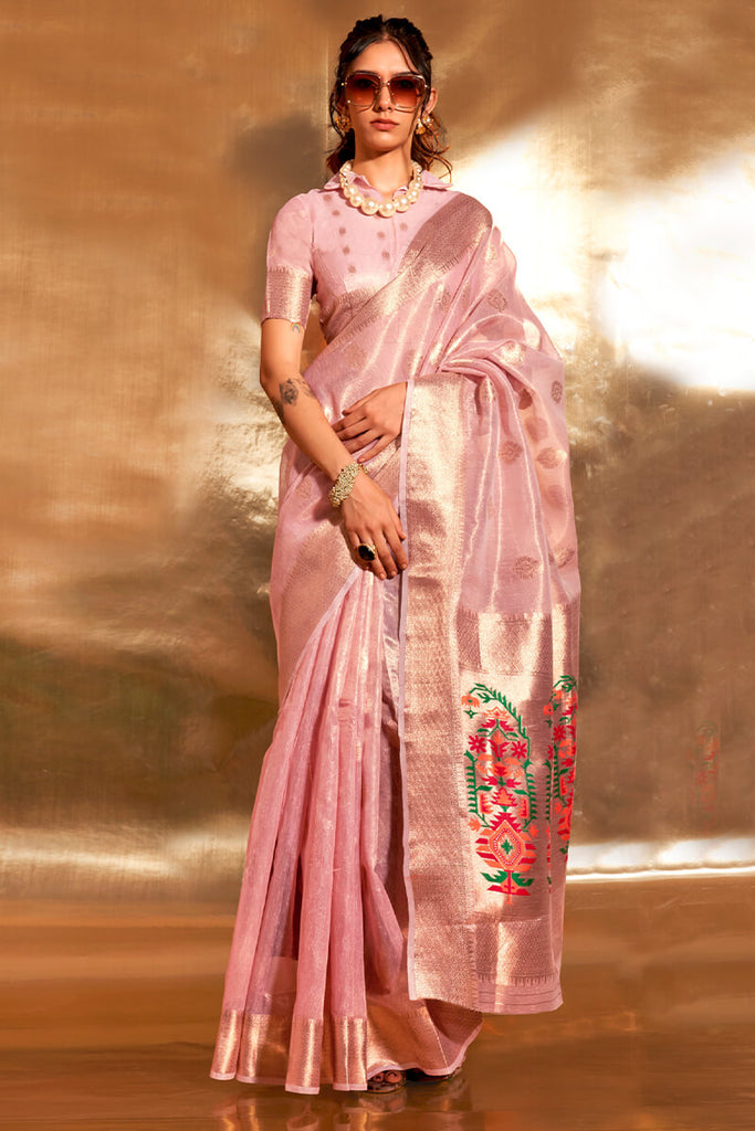 Lipstick Pink Paithani Tissue Silk Saree