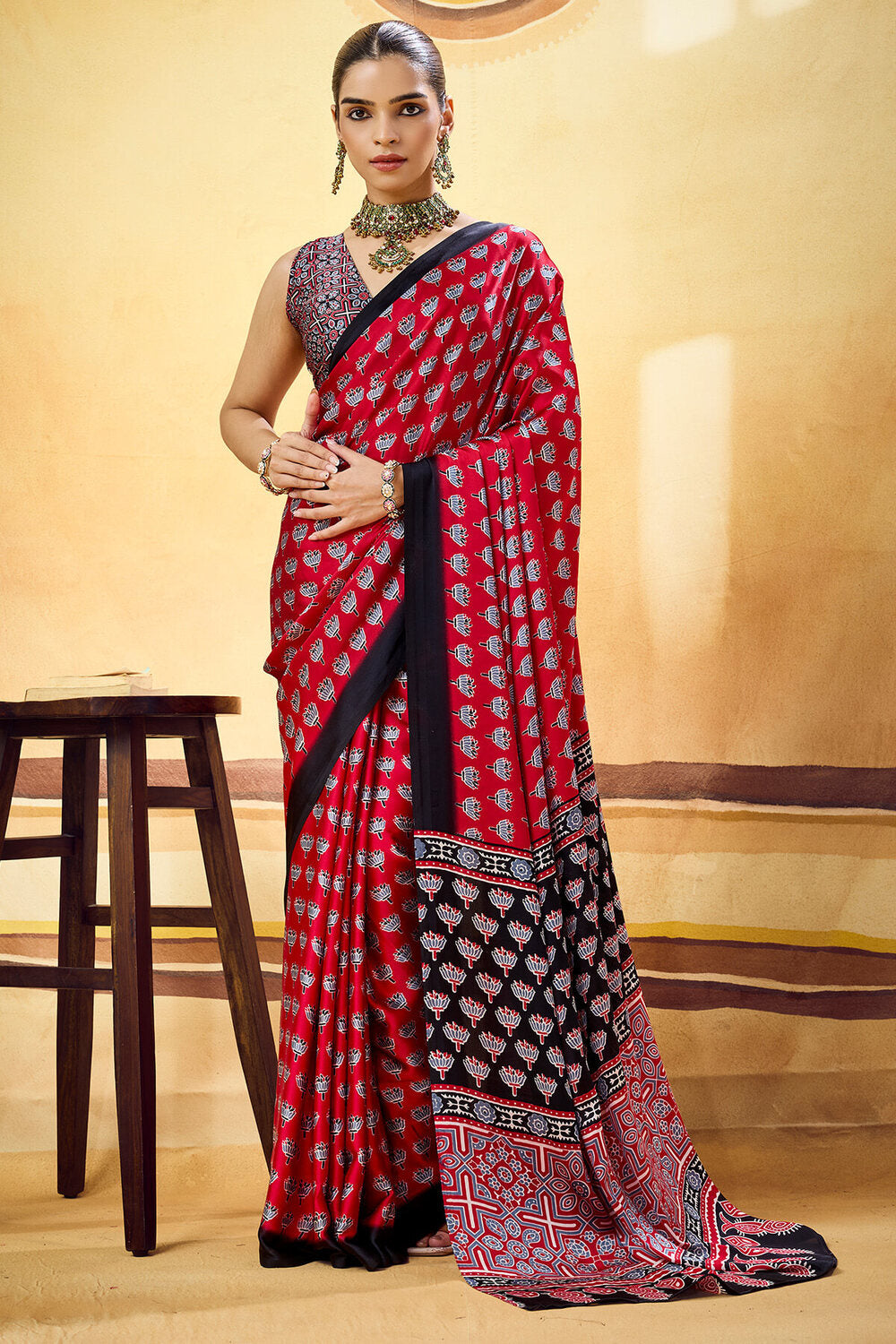 Lipstick Red Ajrakh Printed Semi Modal Satin Silk Saree