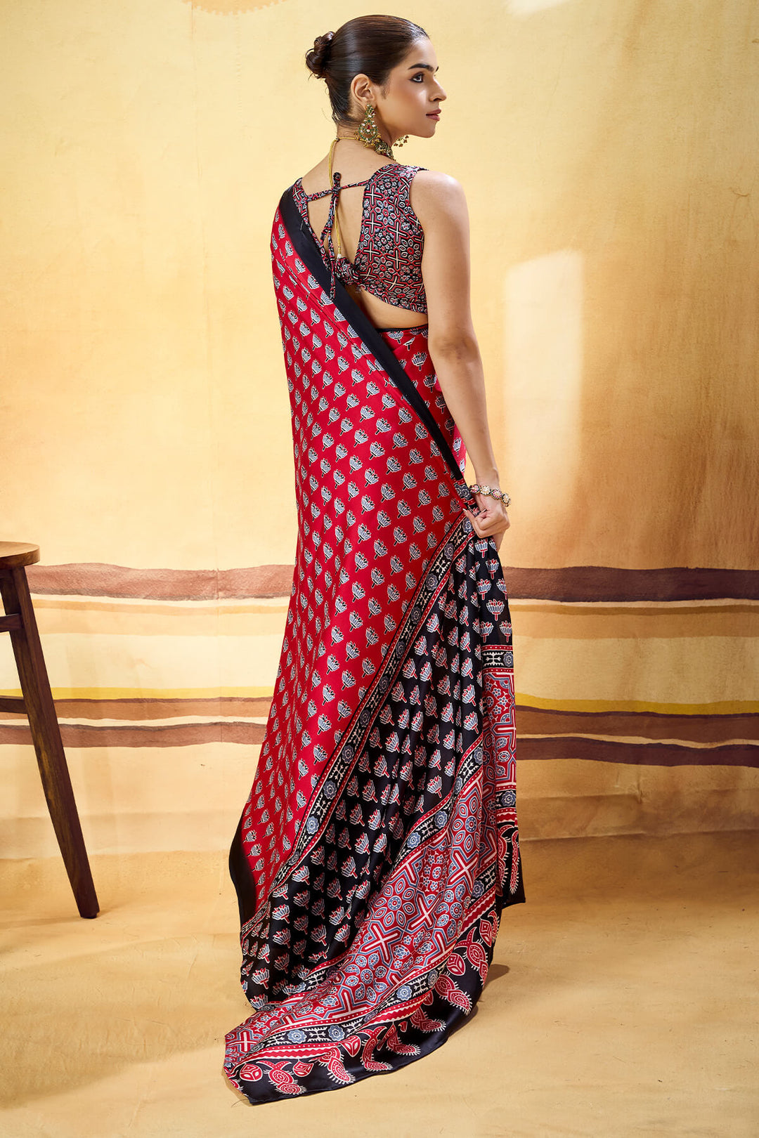 Lipstick Red Ajrakh Printed Semi Modal Satin Silk Saree