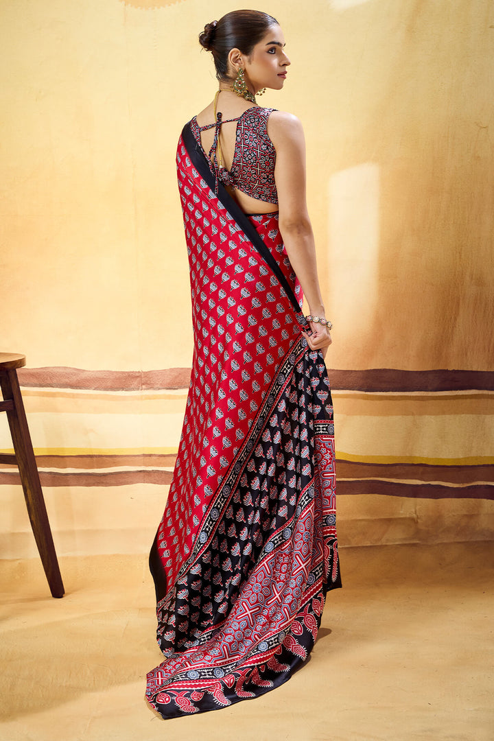 Lipstick Red Ajrakh Printed Semi Modal Satin Silk Saree
