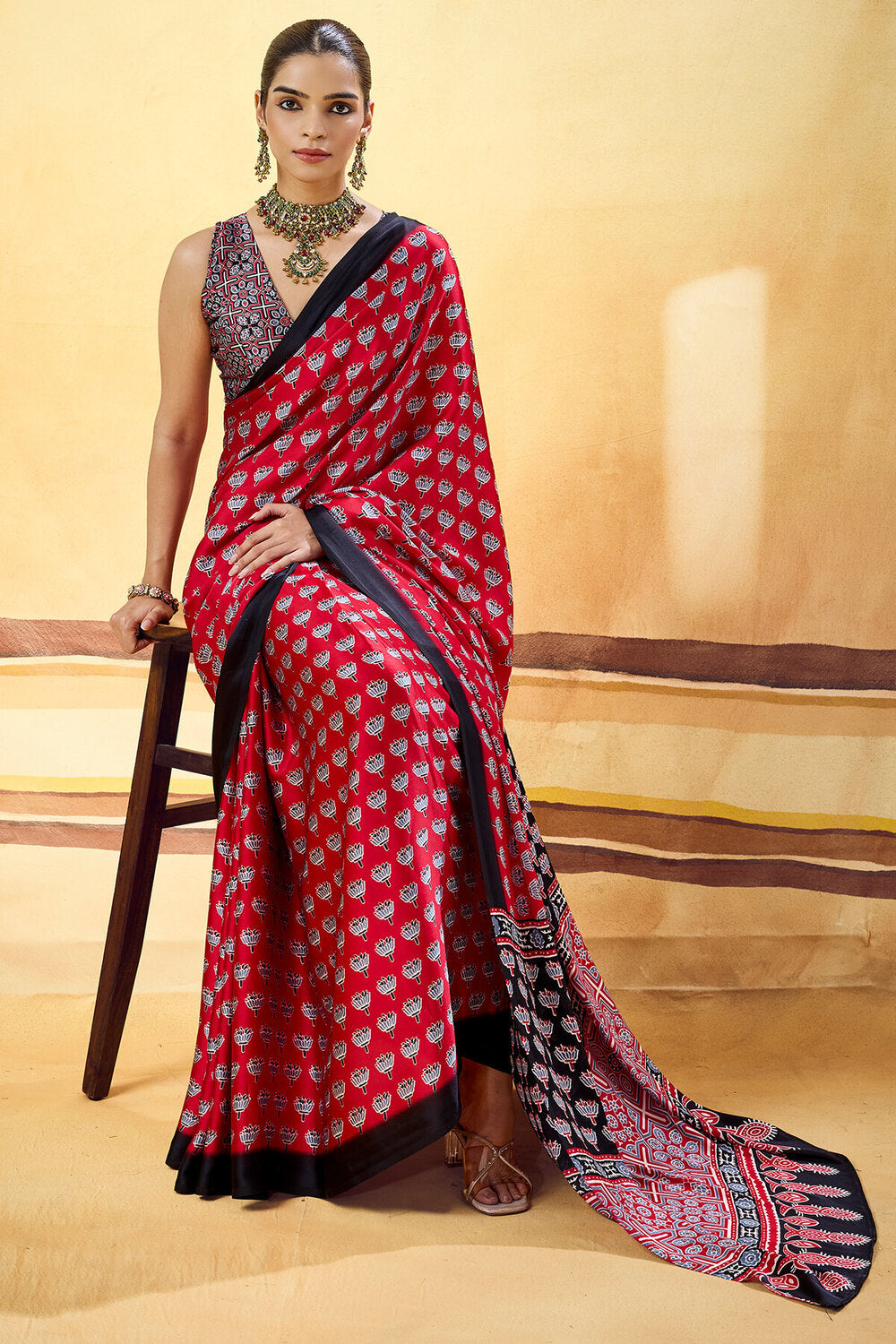 Lipstick Red Ajrakh Printed Semi Modal Satin Silk Saree