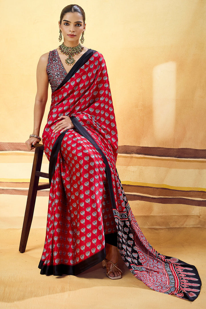 Lipstick Red Ajrakh Printed Semi Modal Satin Silk Saree