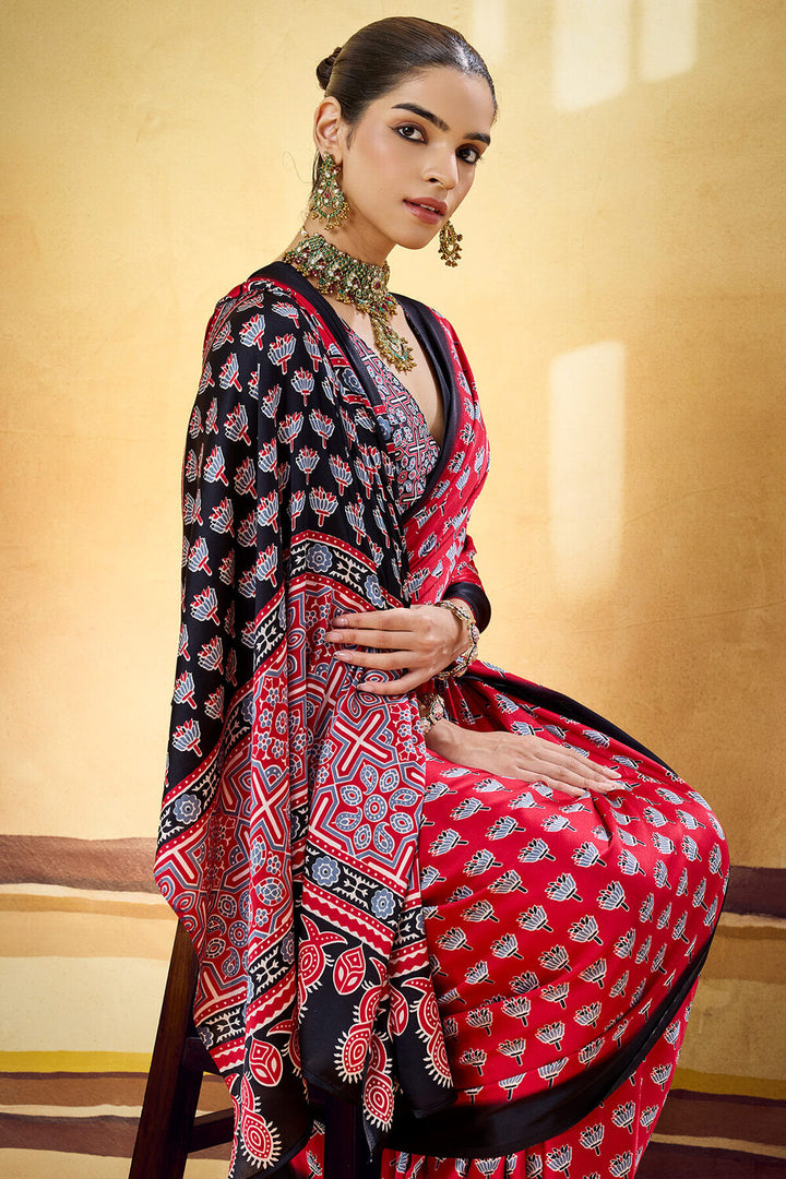 Lipstick Red Ajrakh Printed Semi Modal Satin Silk Saree