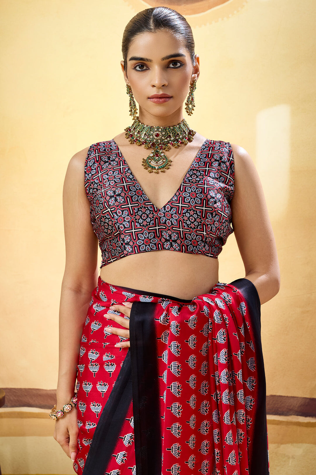 Lipstick Red Ajrakh Printed Semi Modal Satin Silk Saree