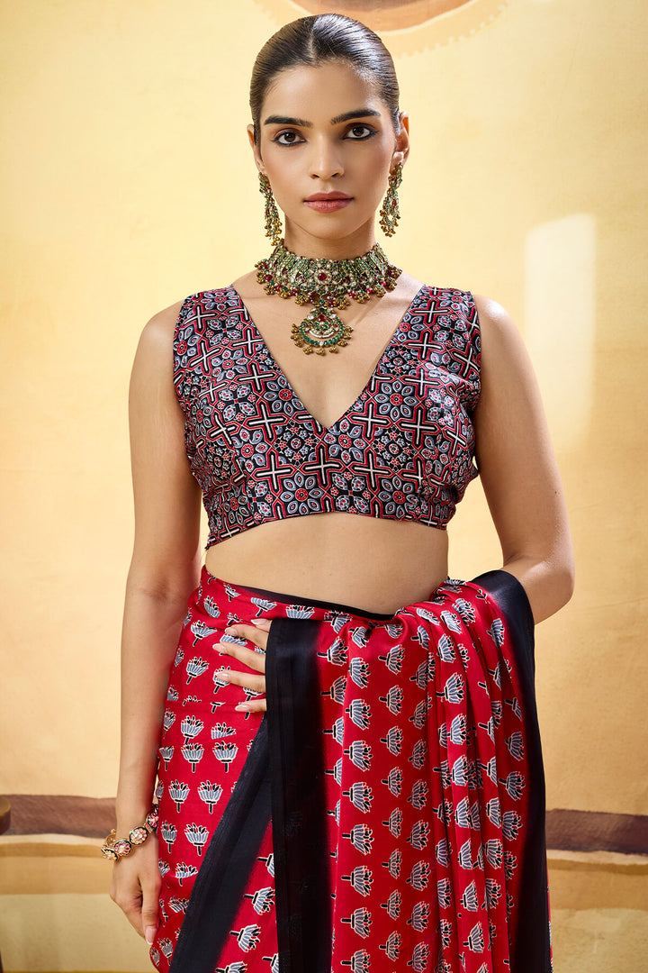 Lipstick Red Ajrakh Printed Semi Modal Satin Silk Saree