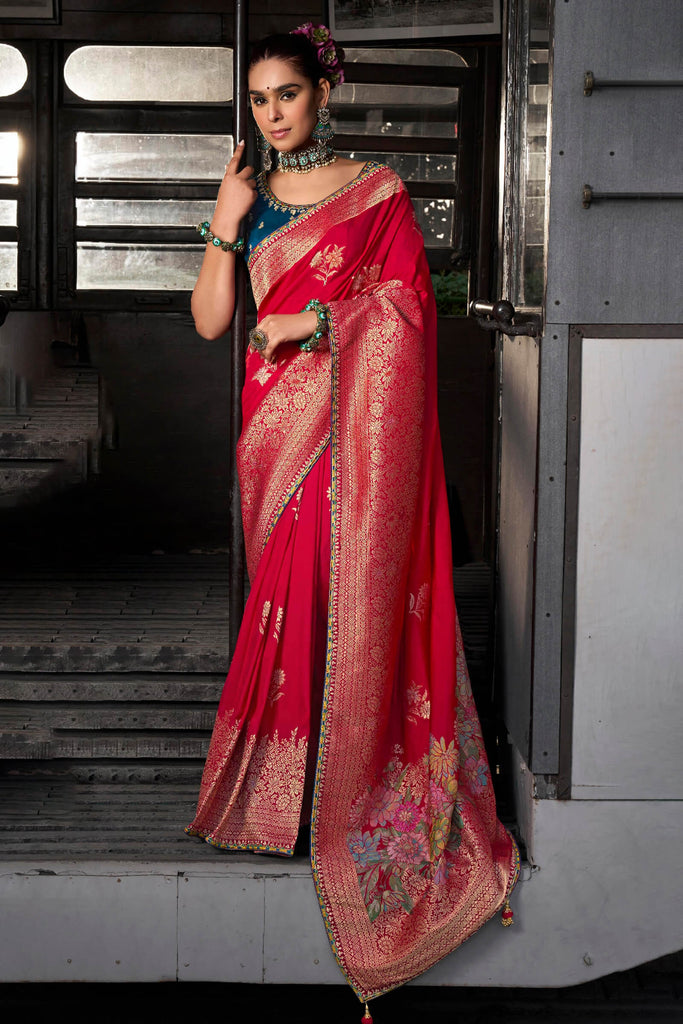 Lipstick Red Soft Dola Viscose Saree With Embroidery Blouse Piece