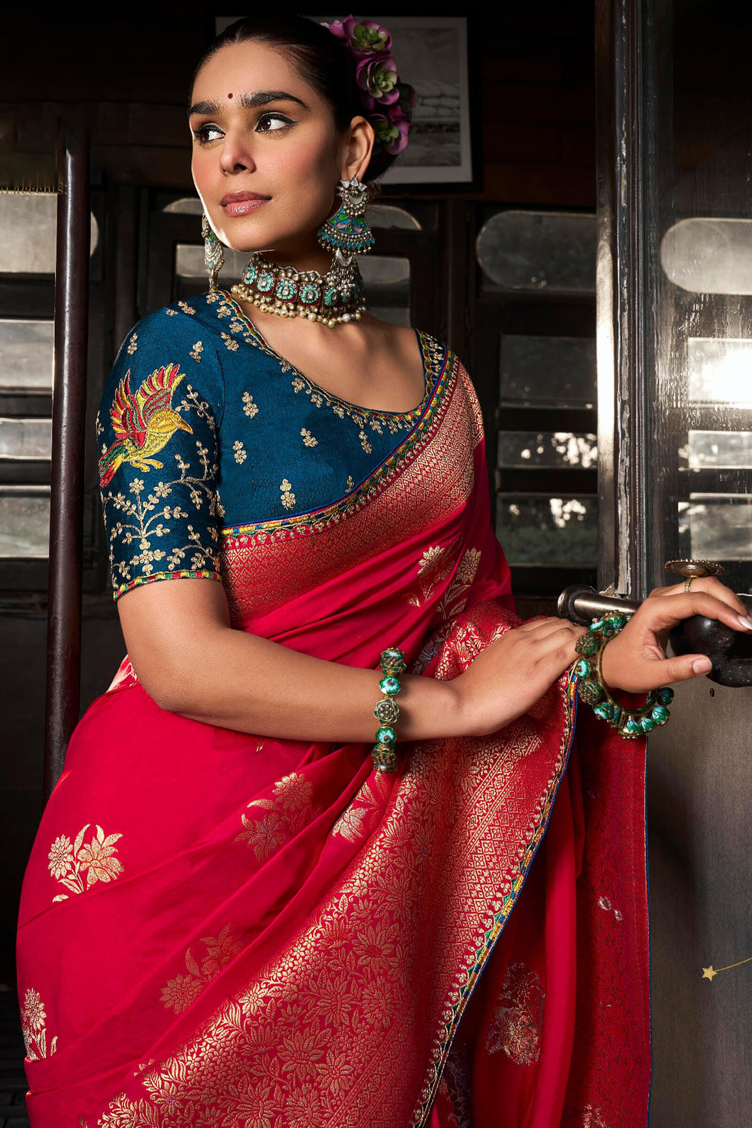 Lipstick Red Soft Dola Viscose Saree With Embroidery Blouse Piece