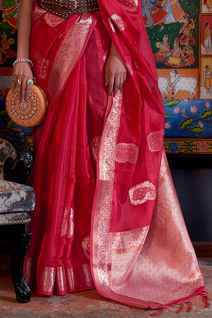 Lipstick Red Zari Woven Organza Silk Saree