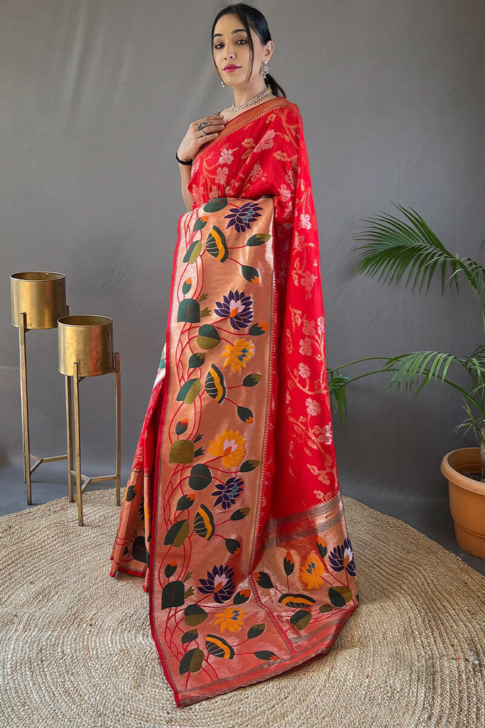 Lipstick Red Zari Woven Paithani Silk Saree