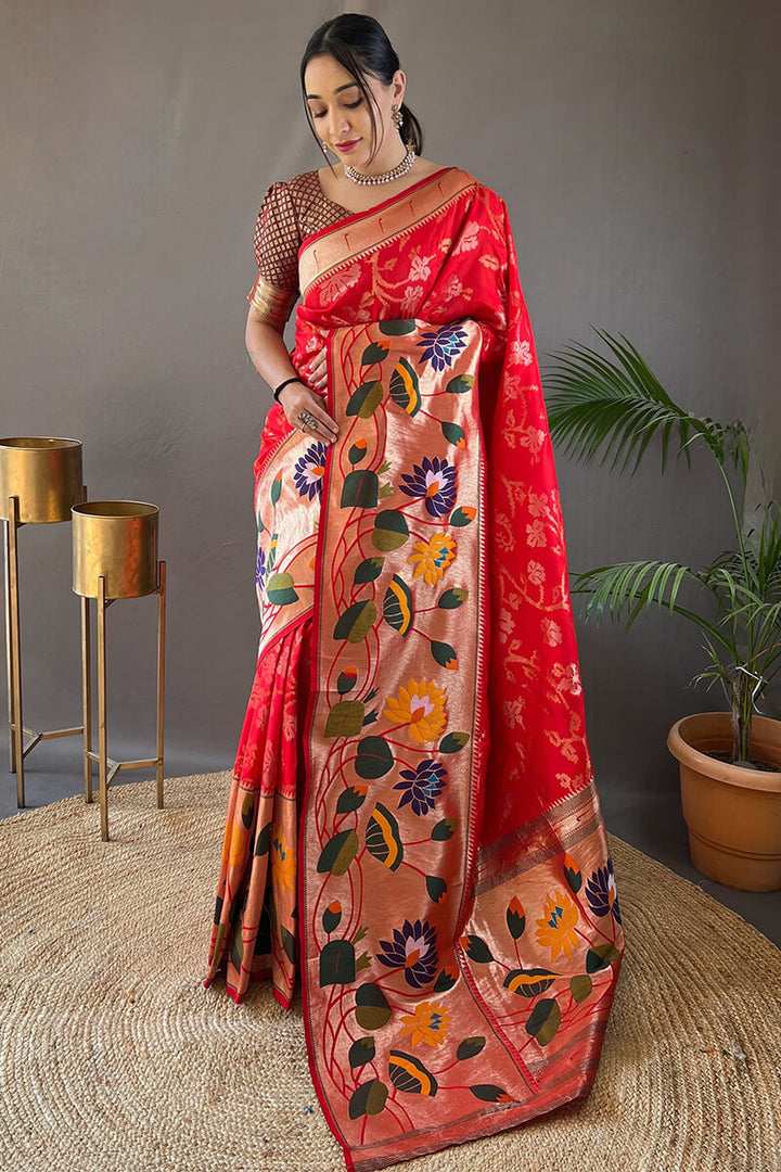 Lipstick Red Zari Woven Paithani Silk Saree