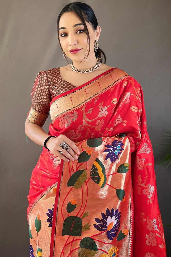 Lipstick Red Zari Woven Paithani Silk Saree