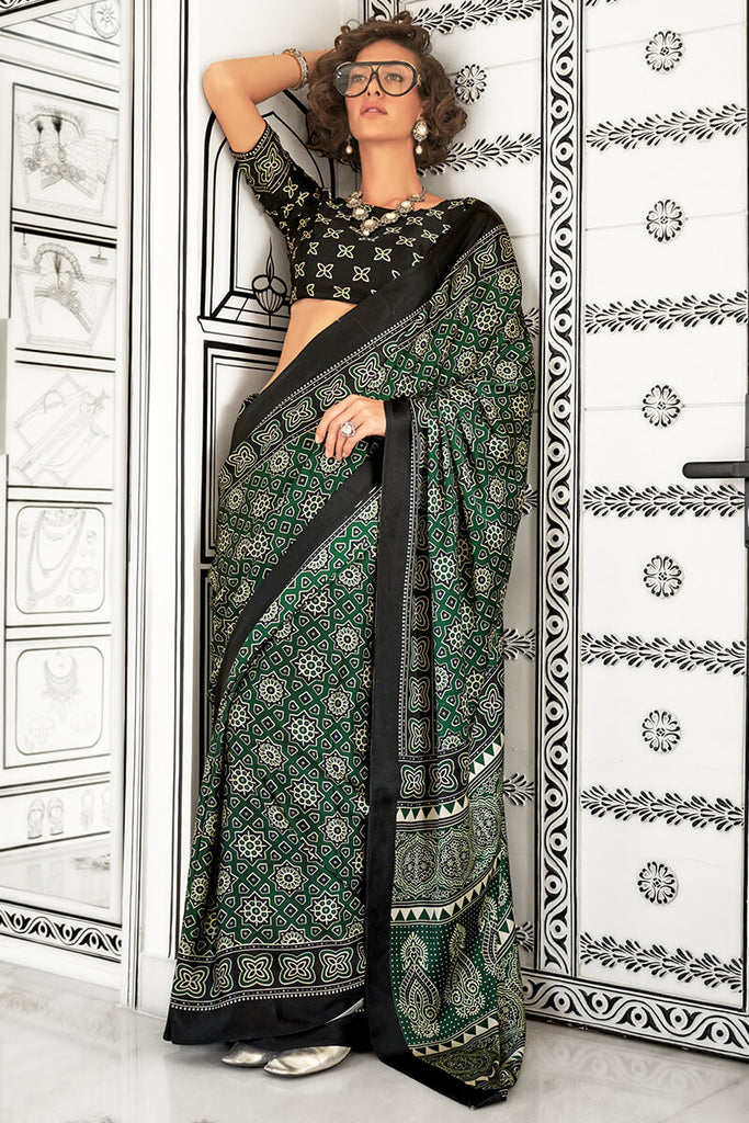 Lunar Green Ajrakh Printed Satin Silk Saree