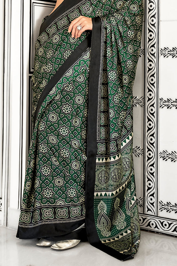 Lunar Green Ajrakh Printed Satin Silk Saree