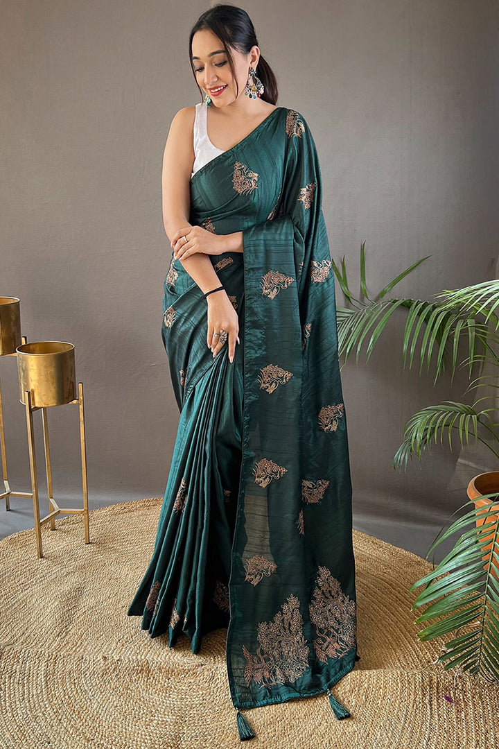 Lunar Green Embroidered Work Soft Silk Saree