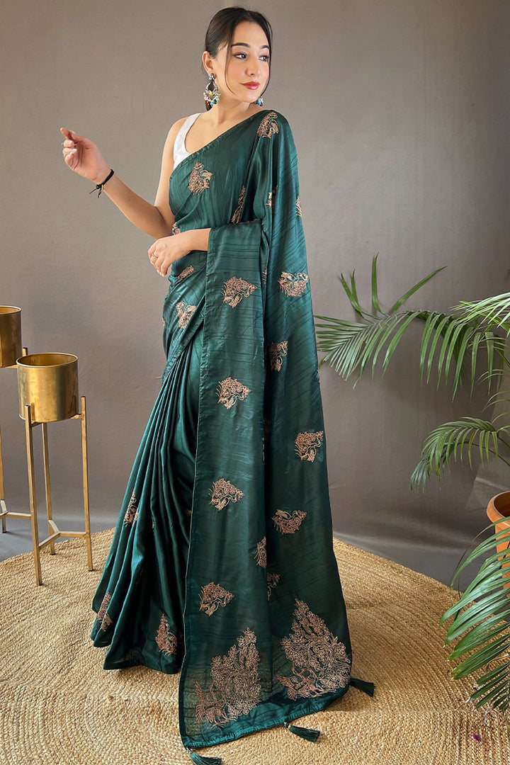 Lunar Green Embroidered Work Soft Silk Saree