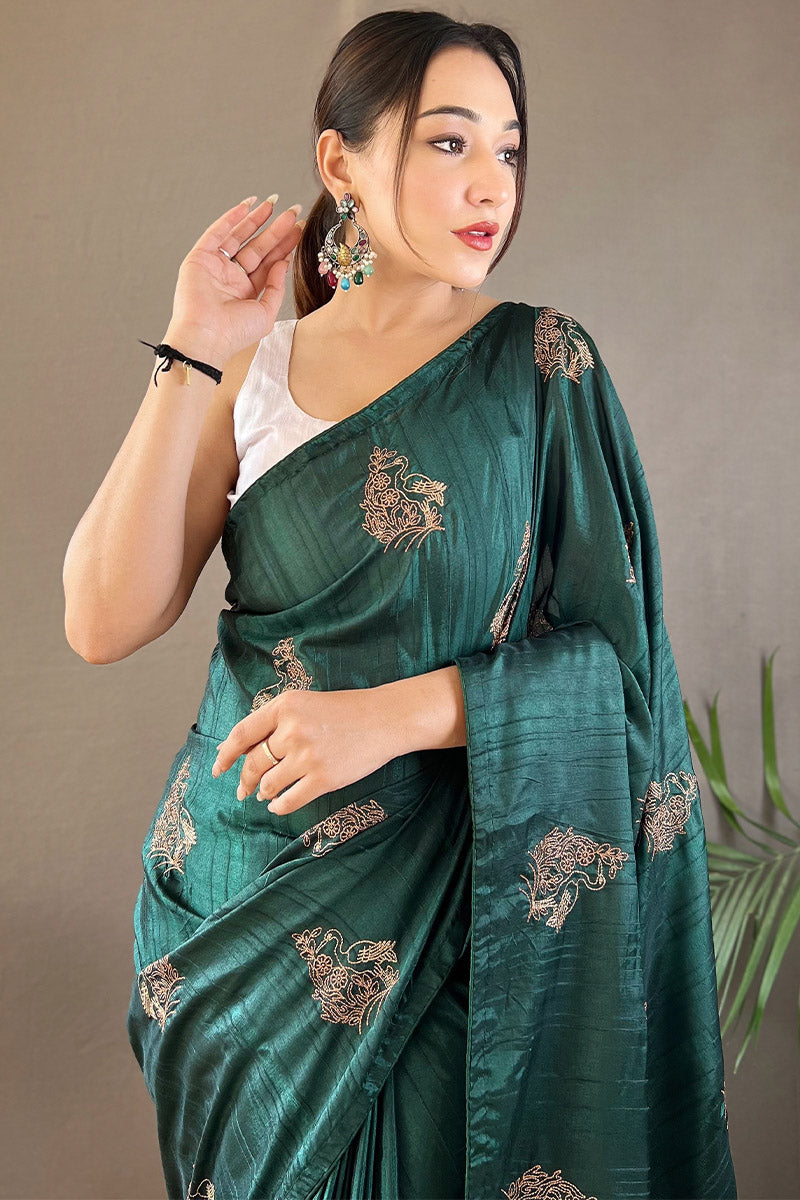 Lunar Green Embroidered Work Soft Silk Saree