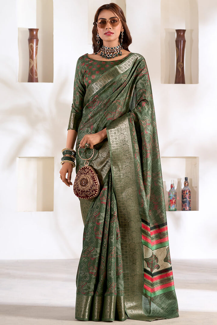 Lunar Green Foil Printed Dola silk saree