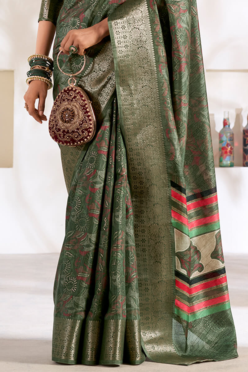 Lunar Green Foil Printed Dola silk saree