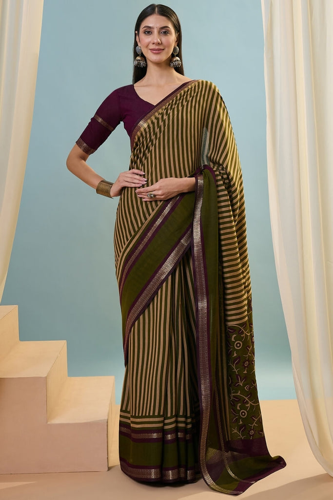 Lunar Green Printed Cotton Saree with Zari Woven Border