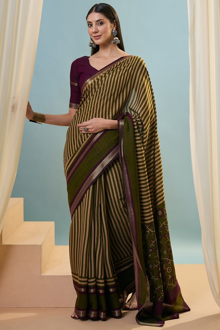 Lunar Green Printed Cotton Saree with Zari Woven Border
