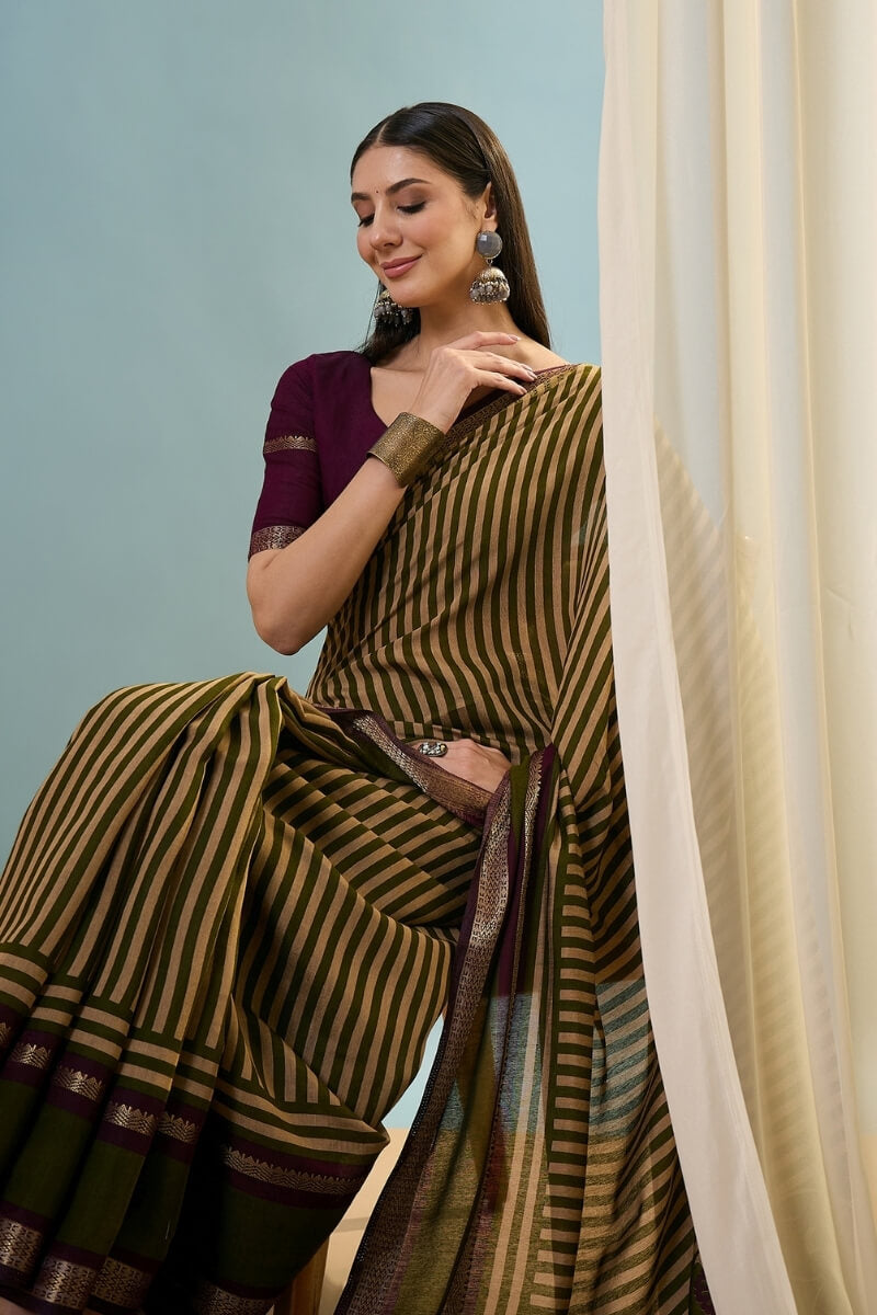 Lunar Green Printed Cotton Saree with Zari Woven Border