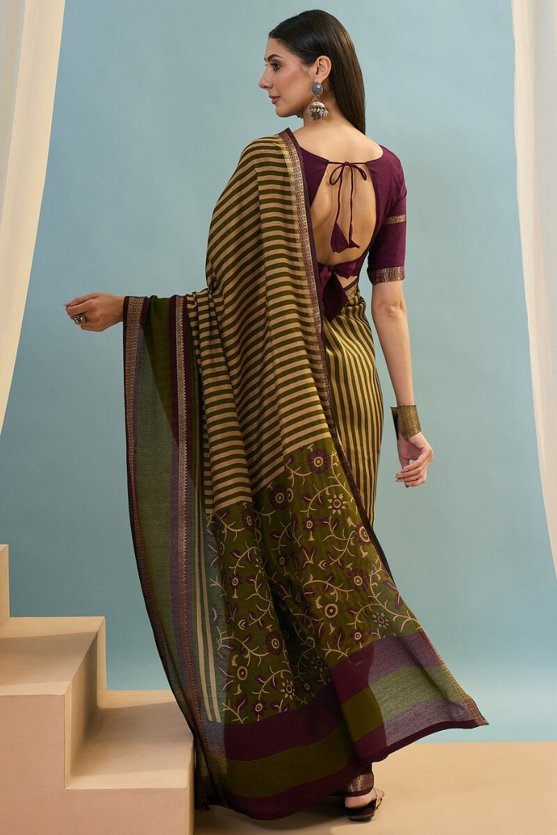 Lunar Green Printed Cotton Saree with Zari Woven Border