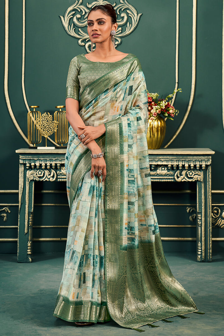 Lunar Green Printed Cotton Saree