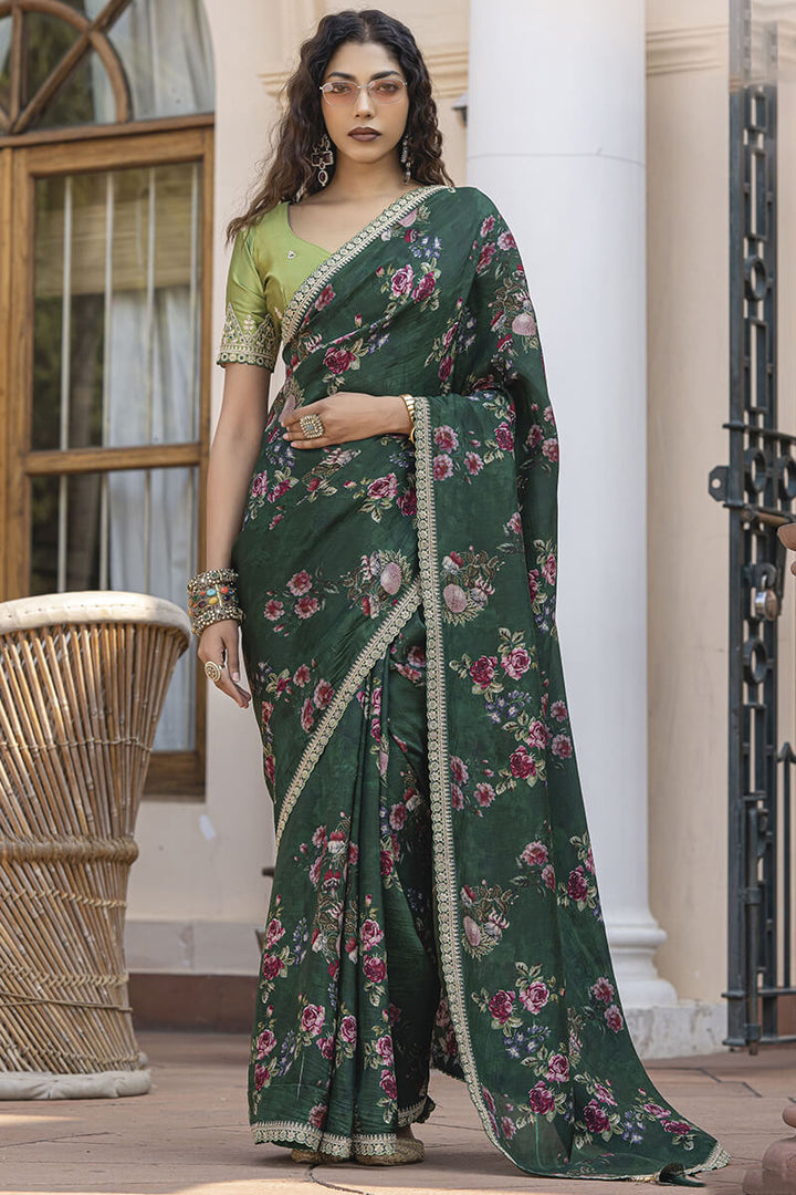 Lunar Green Printed Pure Viscose Dola Silk Saree