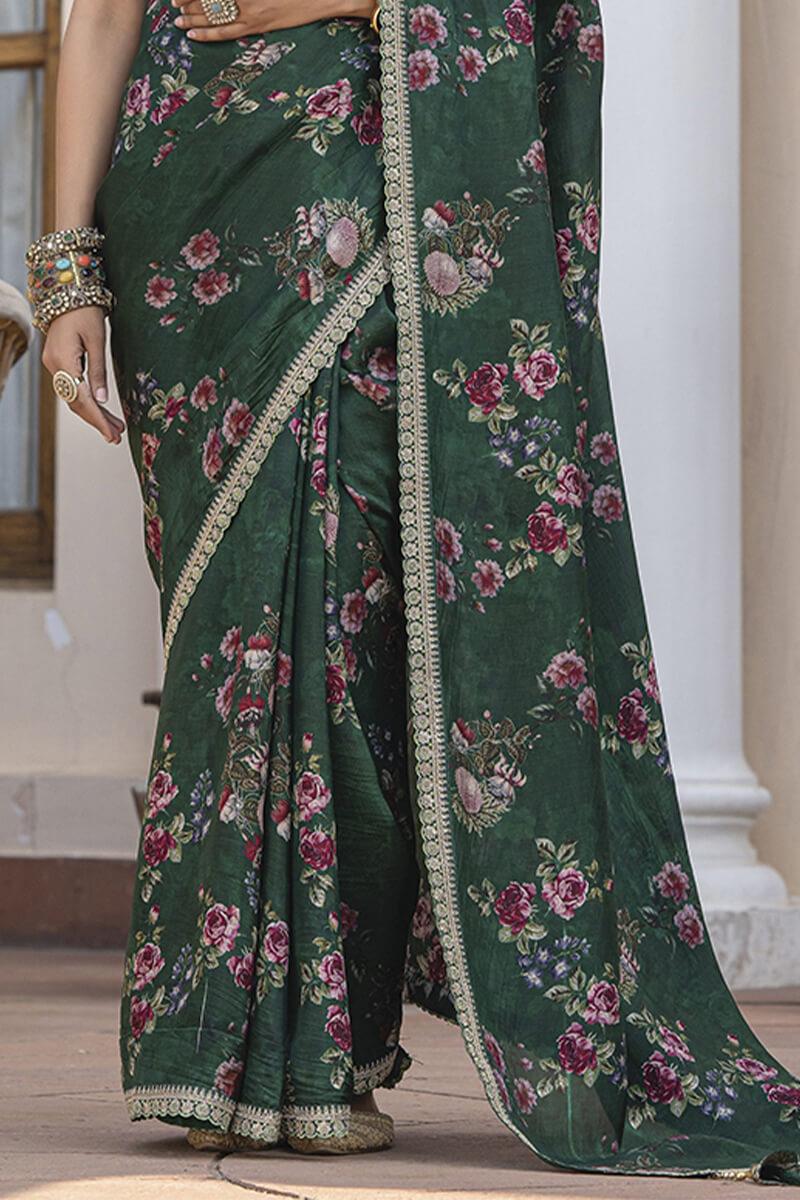 Lunar Green Printed Pure Viscose Dola Silk Saree