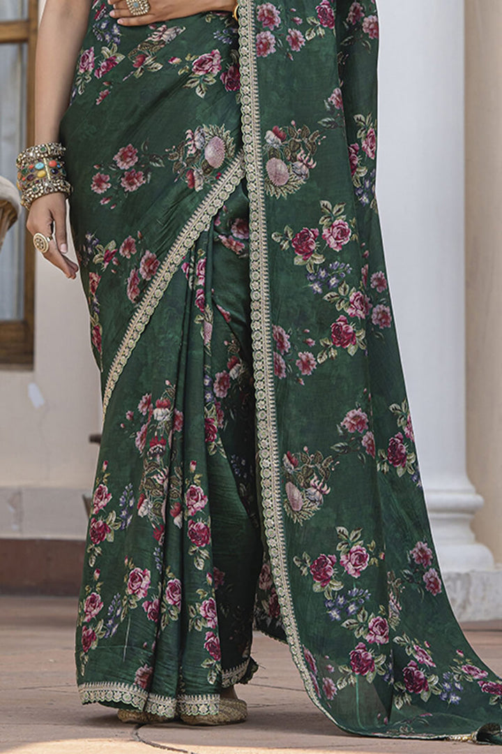 Lunar Green Printed Pure Viscose Dola Silk Saree