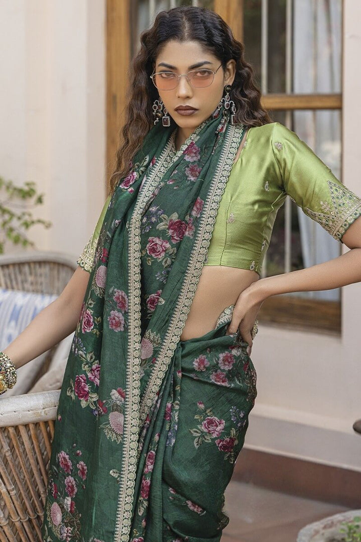 Lunar Green Printed Pure Viscose Dola Silk Saree