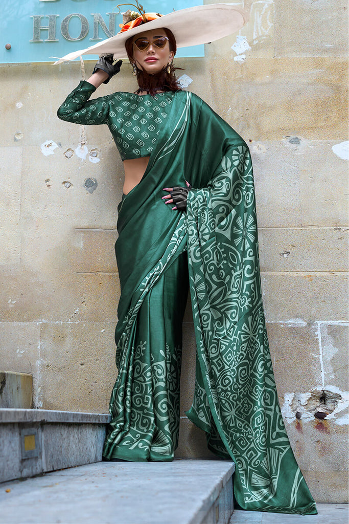 Lunar Green Printed Satin Silk Saree