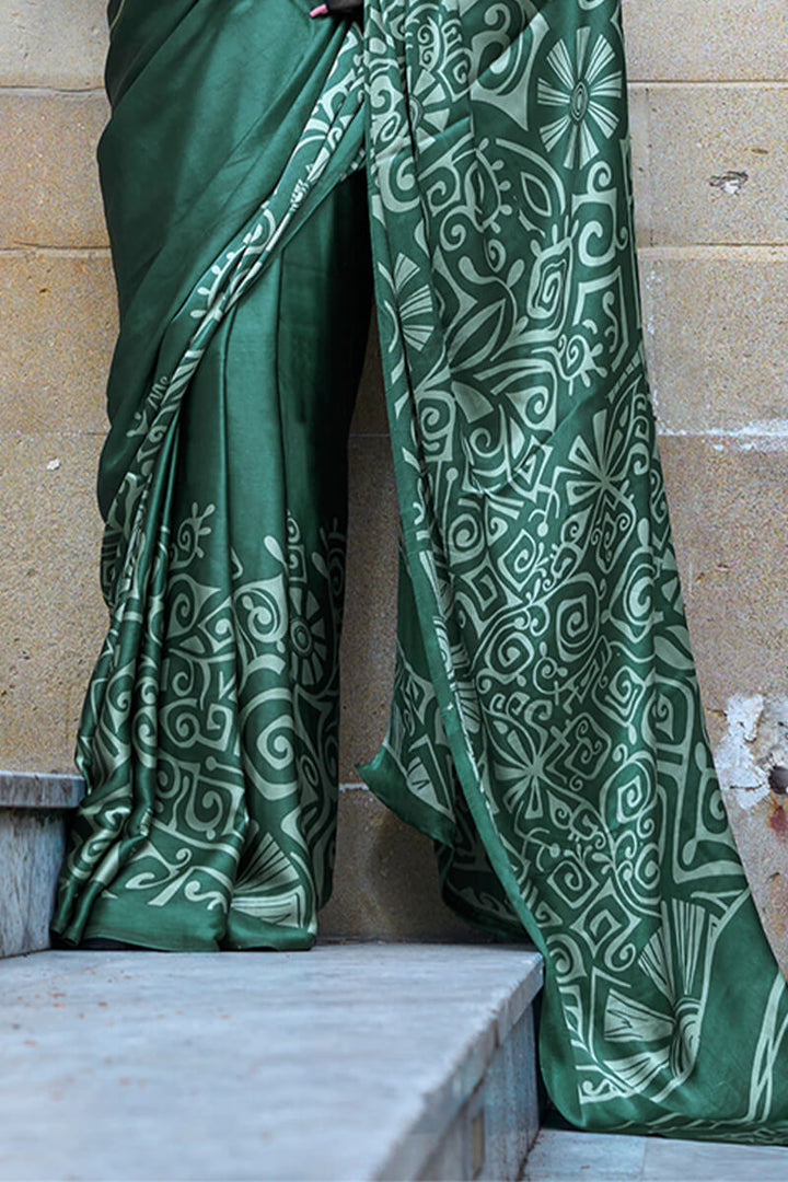 Lunar Green Printed Satin Silk Saree