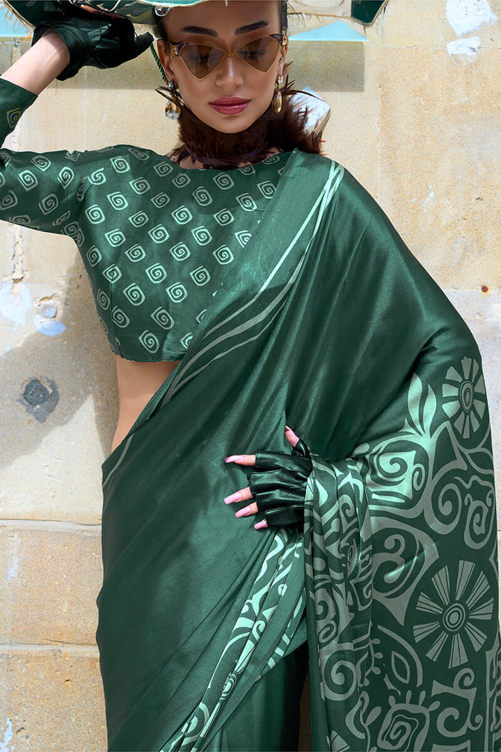 Lunar Green Printed Satin Silk Saree