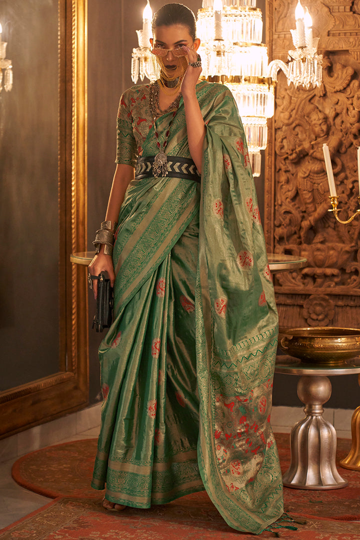 Lunar Green Zari Woven Handloom Banarasi Silk Saree