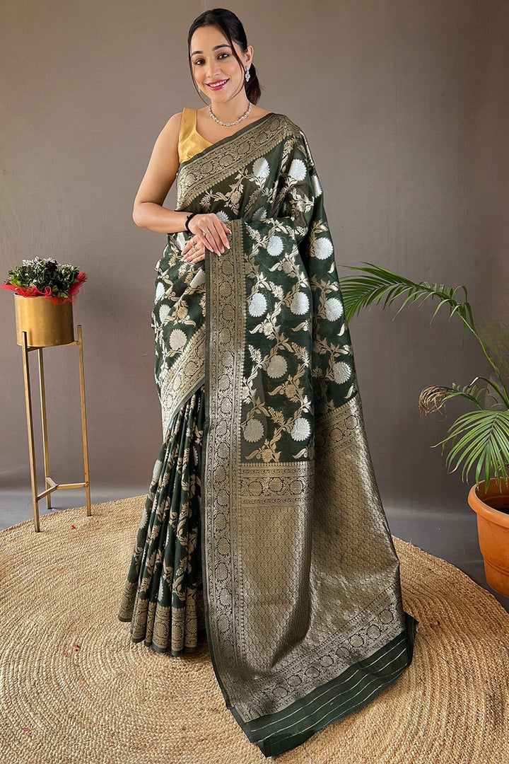 Lunar Green Zari Woven Linen Silk Saree