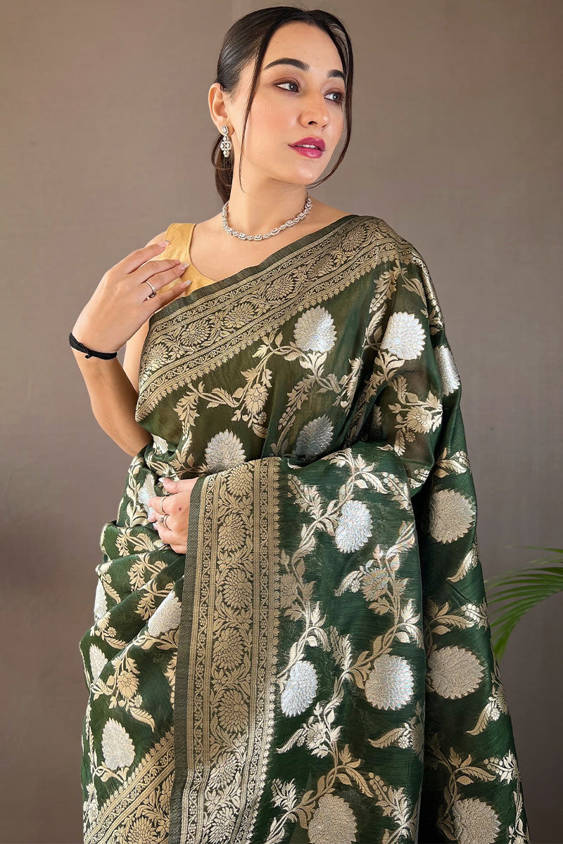 Lunar Green Zari Woven Linen Silk Saree